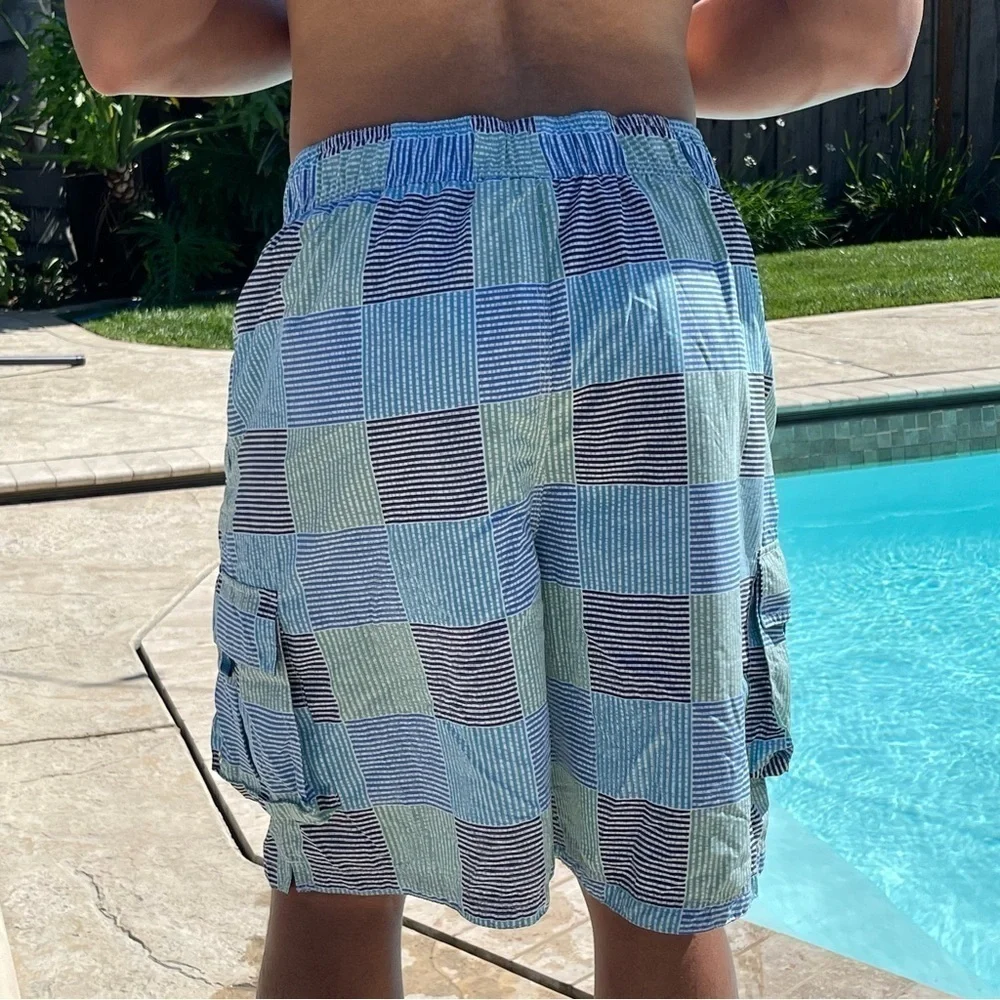 NWT Club Room M & XL Aquamarine Plaid Striped Swim Trunks MT0